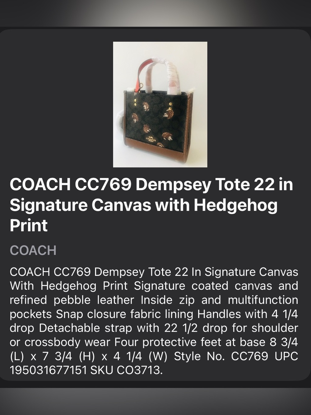 Coach CC769 Dempsey Tote 22 Signature Satchel with Red Handles and Tag - Picture 3 of 13